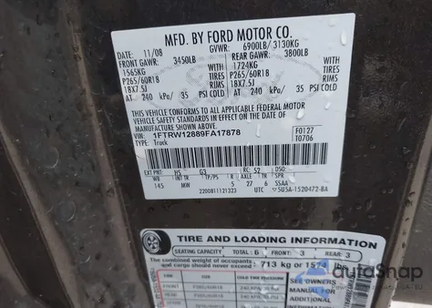 2009 Ford F-150 Xlt из США, поврежденный, VIN 1FTRW12889FA17878